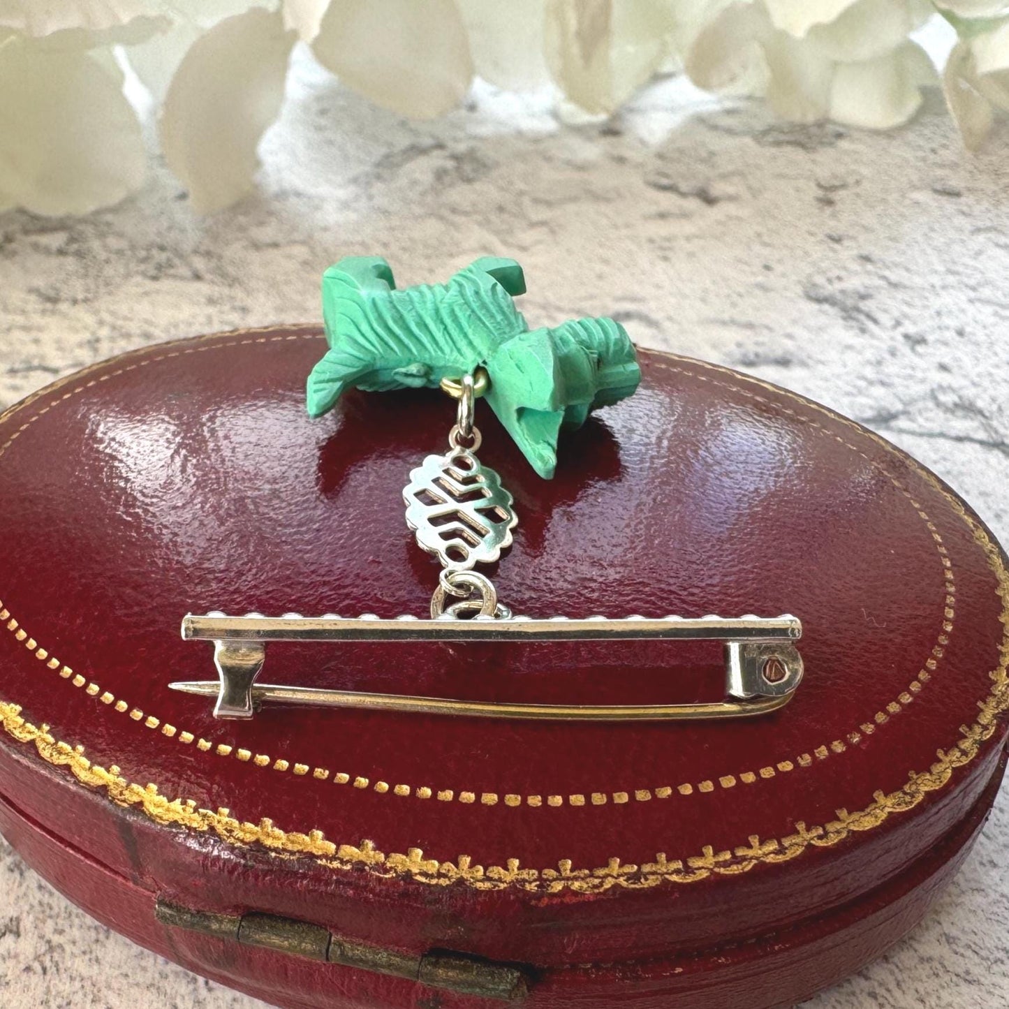Antique Art Deco Sterling Silver & Celluloid Scottie Dog Lapel Pin: Charles Horner Attributed