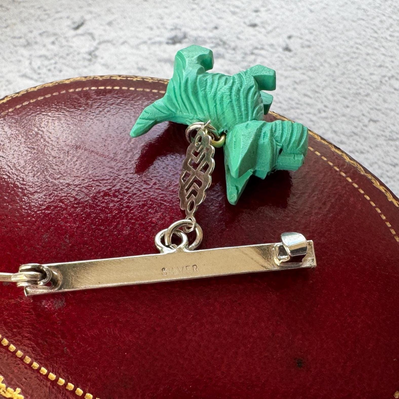 Antique Art Deco Sterling Silver & Celluloid Scottie Dog Lapel Pin: Charles Horner Attributed
