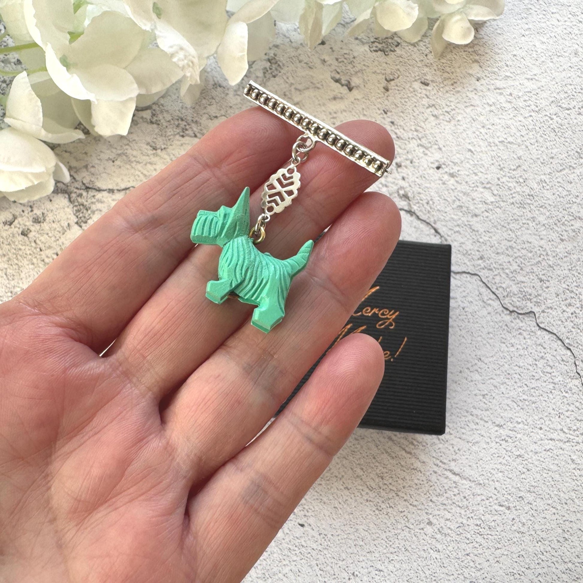 Antique Art Deco Sterling Silver & Celluloid Scottie Dog Lapel Pin: Charles Horner Attributed