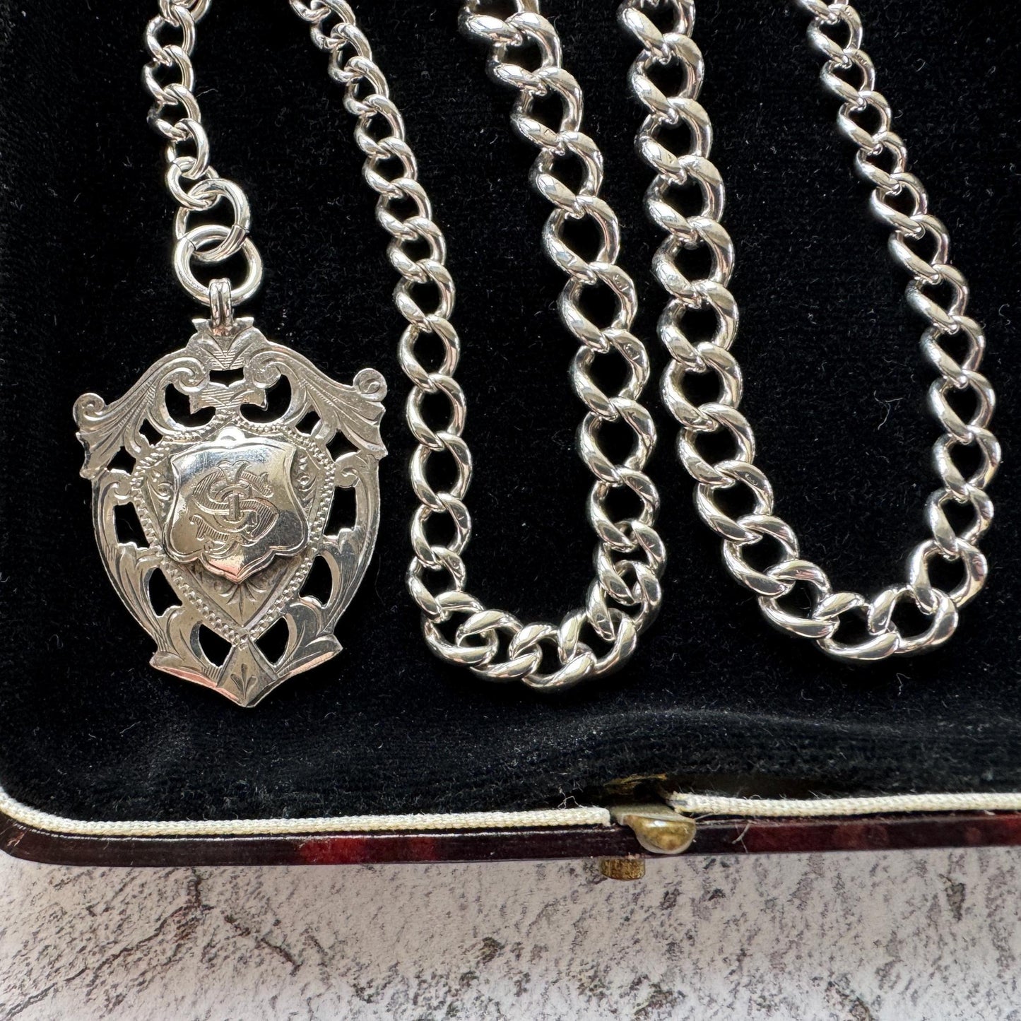 Antique Sterling Silver Albert Watch Chain: T-Bar Fob & Clip, 1921. Art Deco Bracelet/Necklace