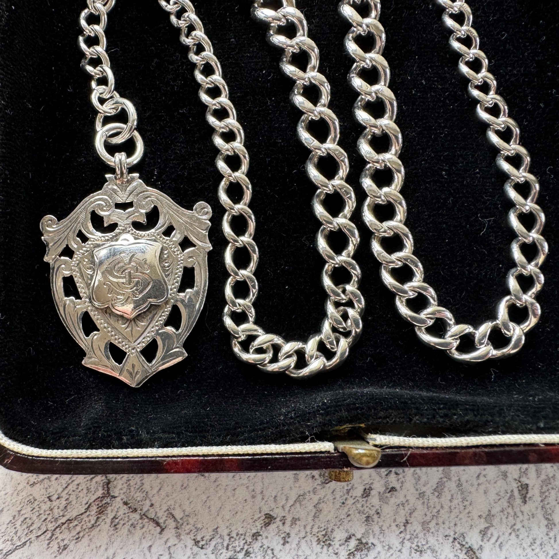 Antique Sterling Silver Albert Watch Chain: T-Bar Fob & Clip, 1921. Art Deco Bracelet/Necklace