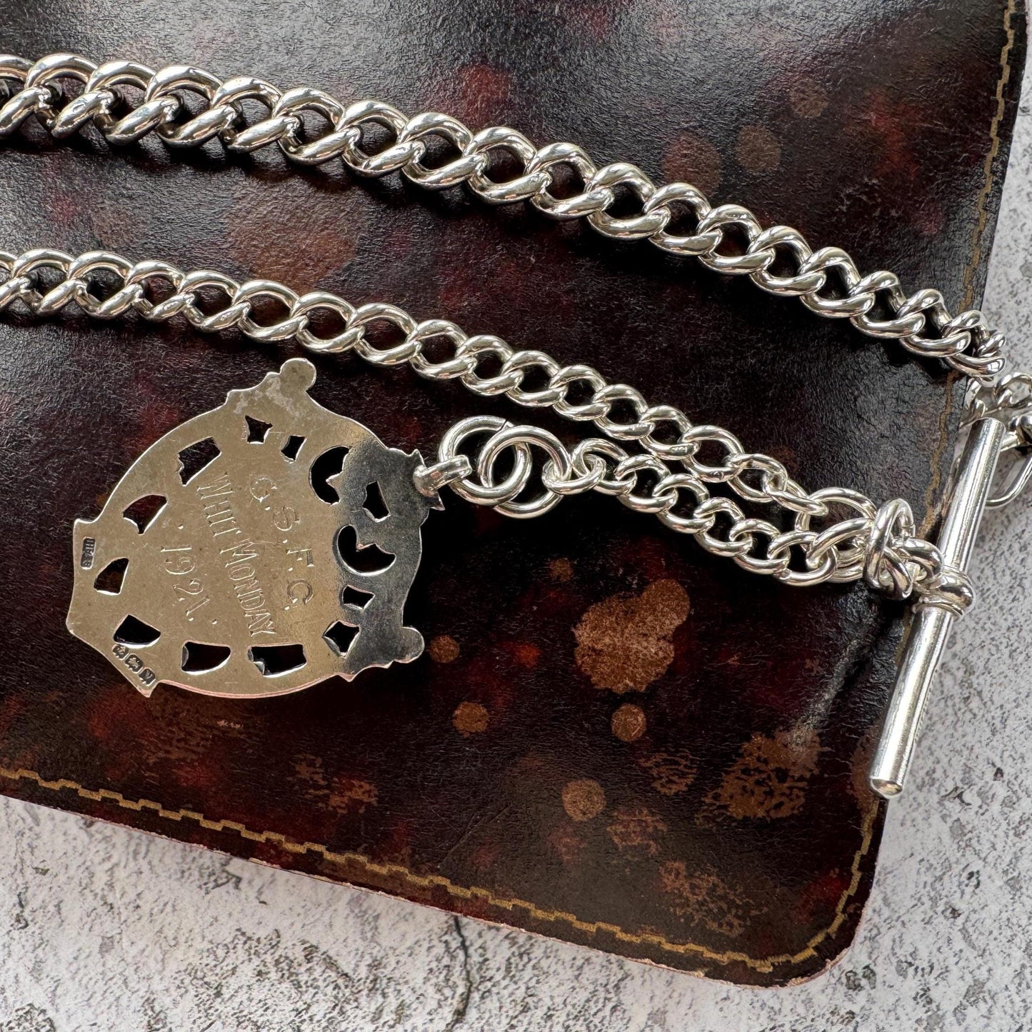 Antique Sterling Silver Albert Watch Chain: T-Bar Fob & Clip, 1921. Art Deco Bracelet/Necklace