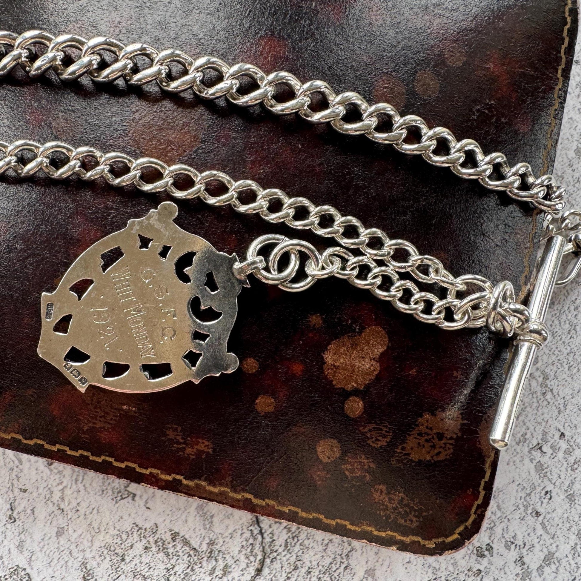 Antique Sterling Silver Albert Watch Chain: T-Bar Fob & Clip, 1921. Art Deco Bracelet/Necklace