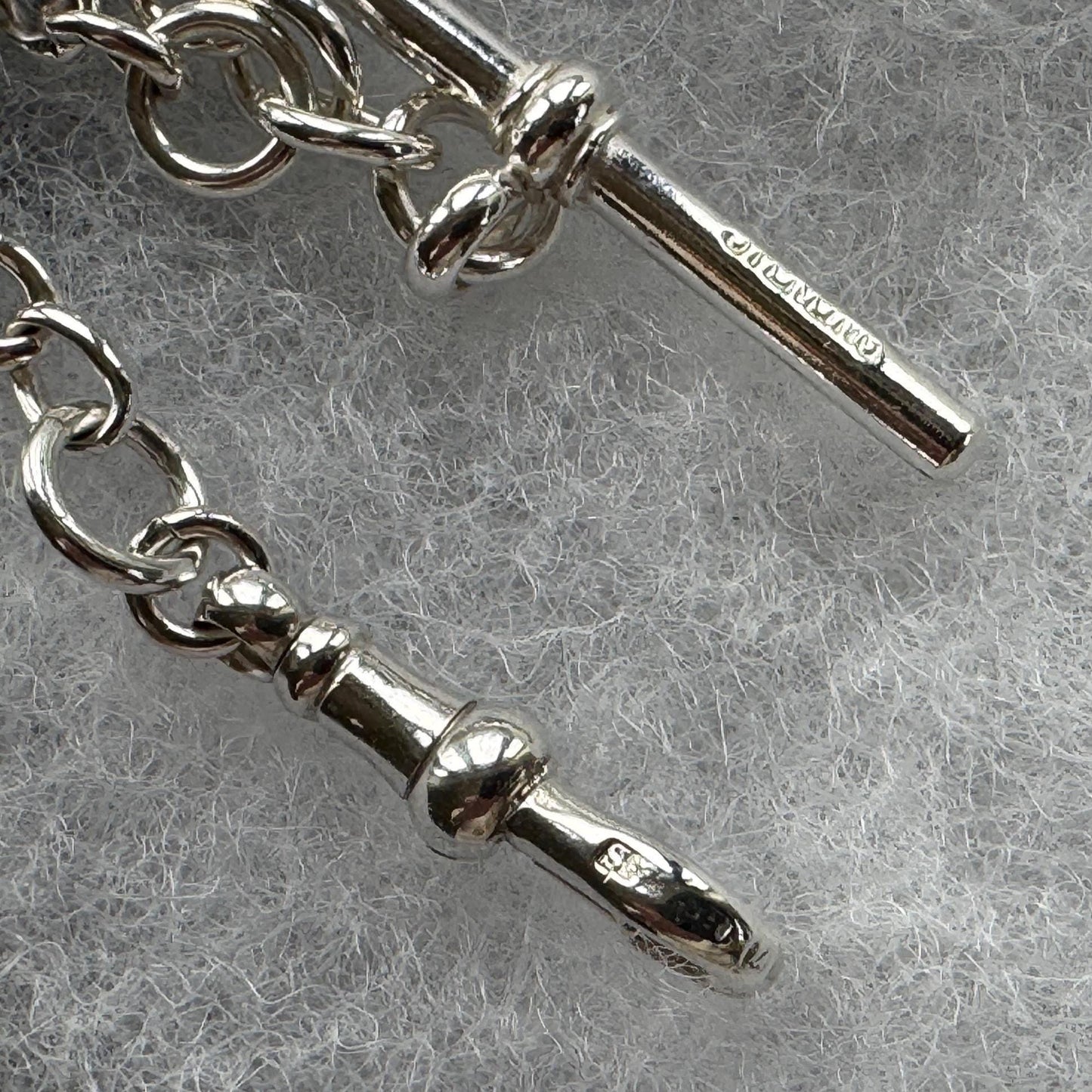 Antique Sterling Silver Albert Watch Chain: T-Bar Fob & Clip, 1921. Art Deco Bracelet/Necklace