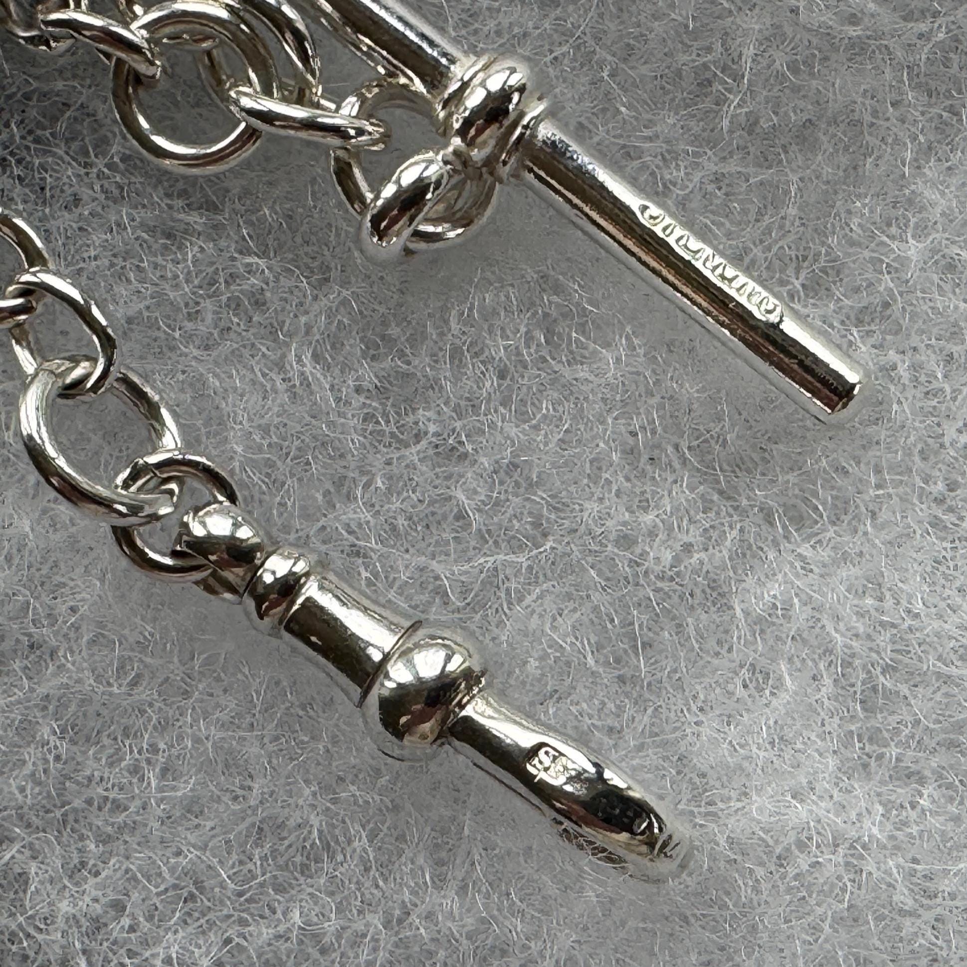 Antique Sterling Silver Albert Watch Chain: T-Bar Fob & Clip, 1921. Art Deco Bracelet/Necklace