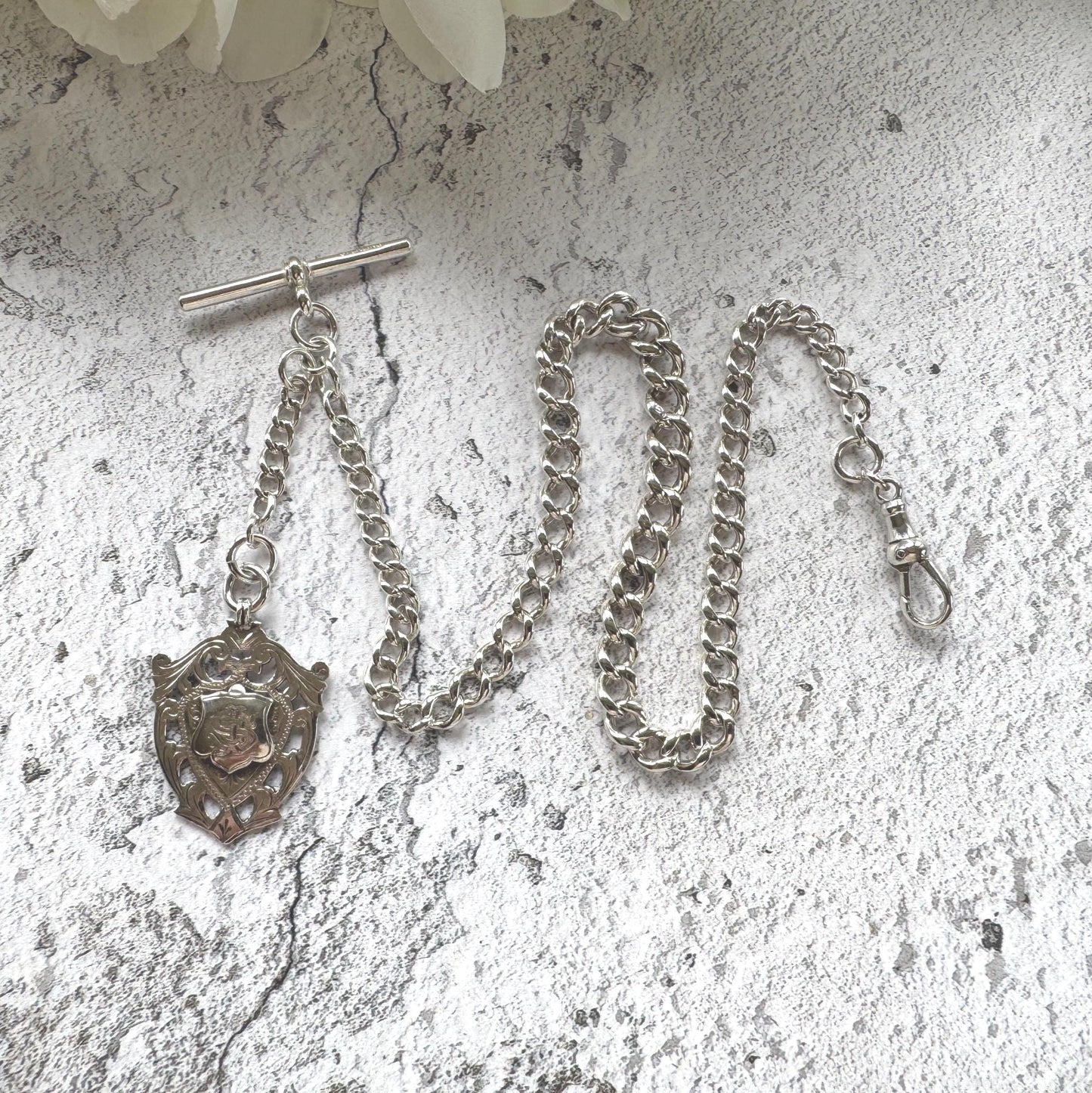 Antique Sterling Silver Albert Watch Chain: T-Bar Fob & Clip, 1921. Art Deco Bracelet/Necklace