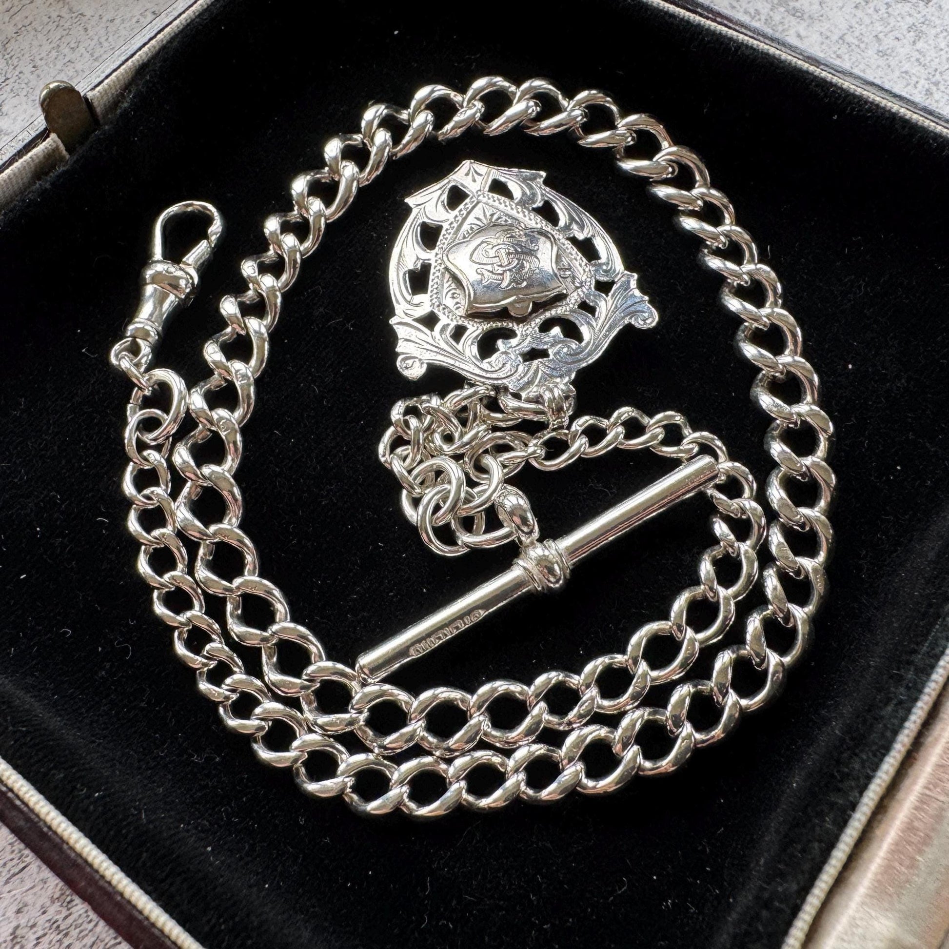 Antique Sterling Silver Albert Watch Chain: T-Bar Fob & Clip, 1921. Art Deco Bracelet/Necklace