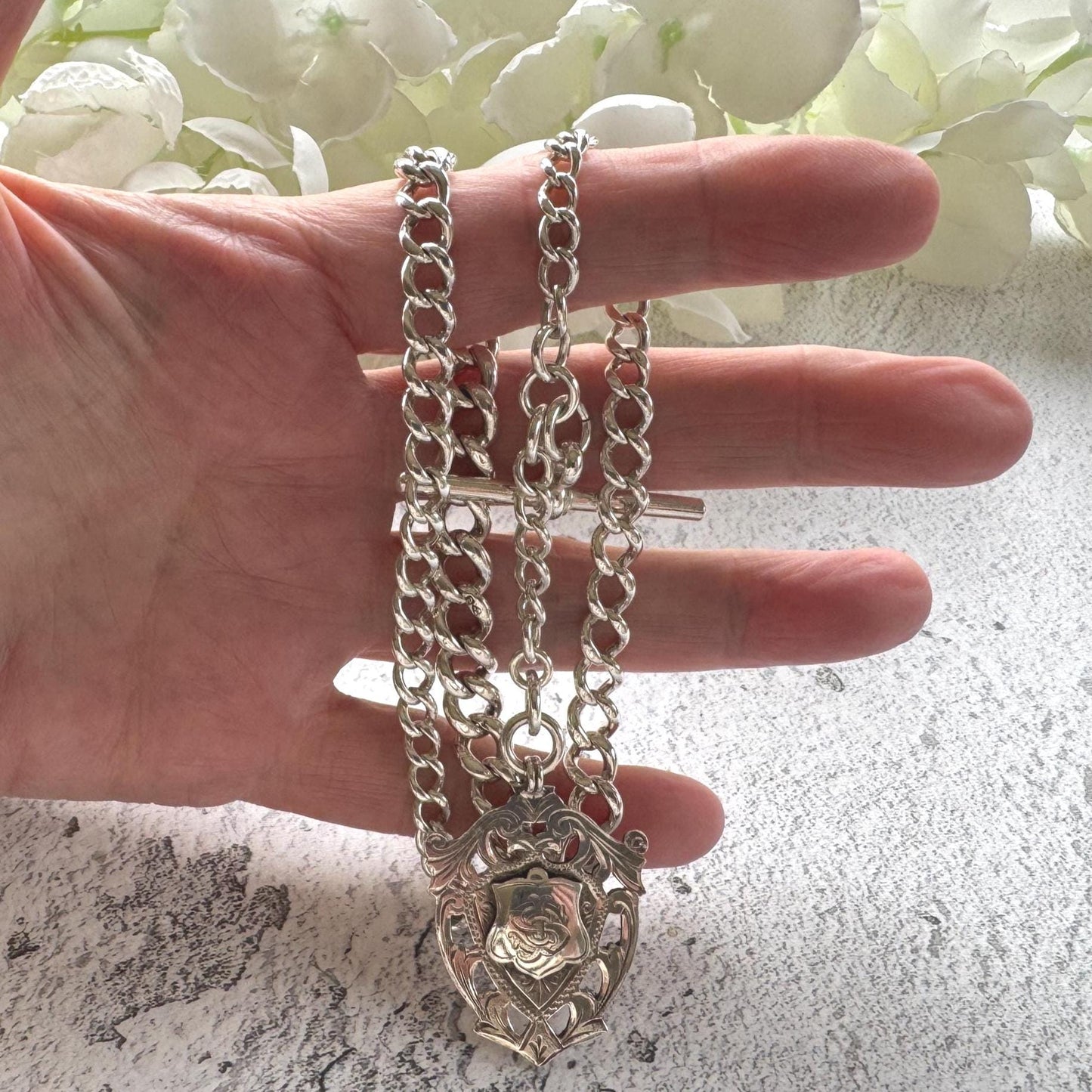 Antique Sterling Silver Albert Watch Chain: T-Bar Fob & Clip, 1921. Art Deco Bracelet/Necklace