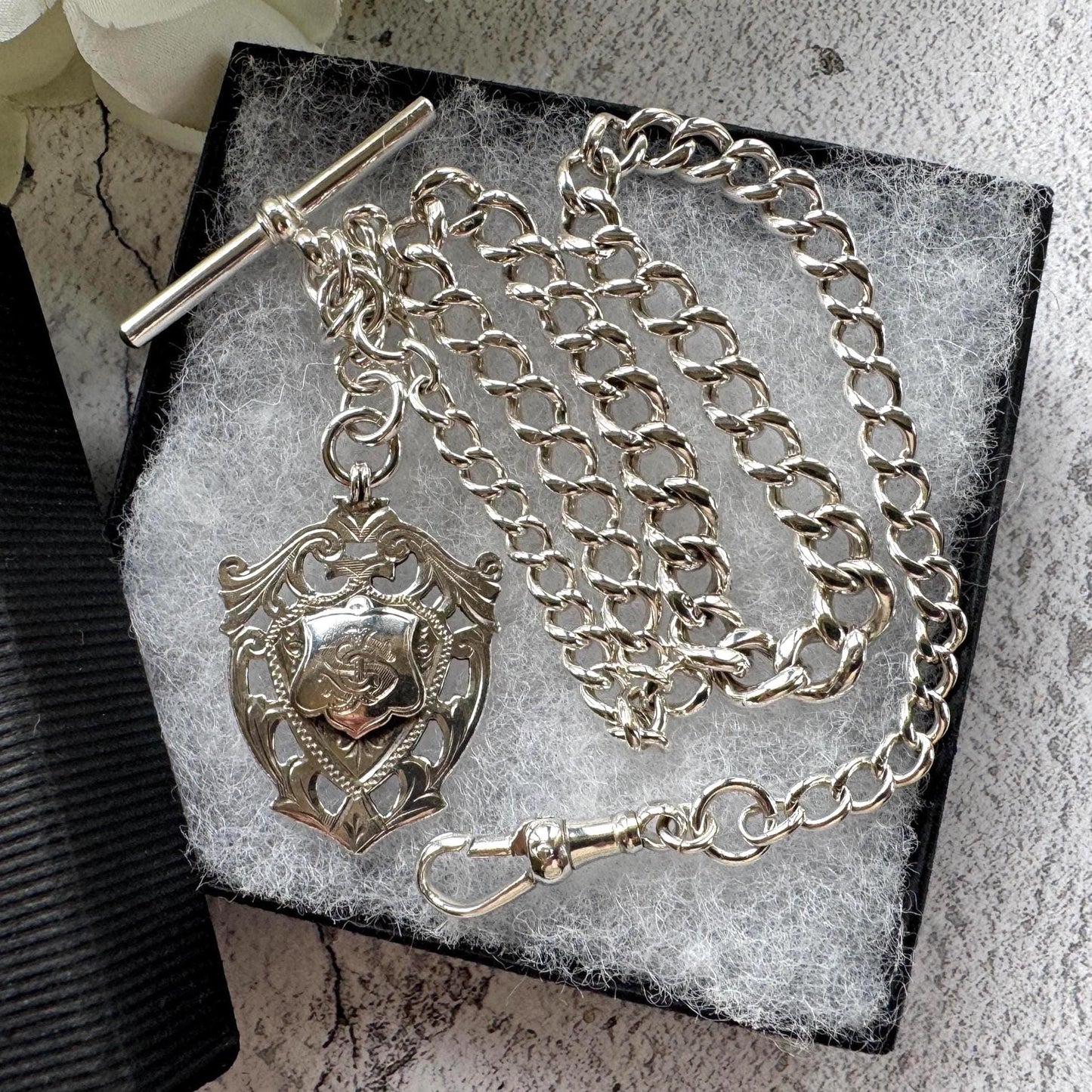 Antique Sterling Silver Albert Watch Chain: T-Bar Fob & Clip, 1921. Art Deco Bracelet/Necklace
