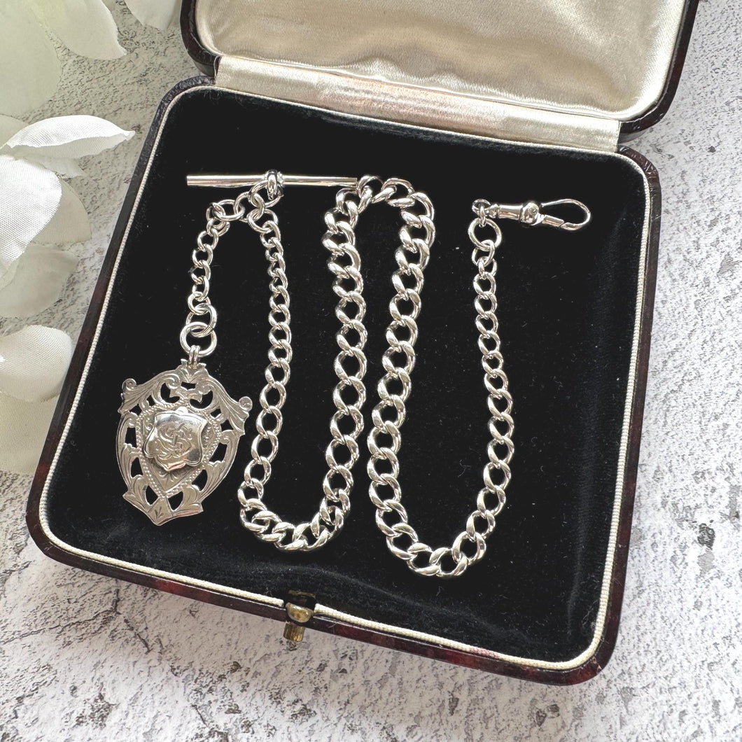 Antique Sterling Silver Albert Watch Chain: T-Bar Fob & Clip, 1921. Art Deco Bracelet/Necklace