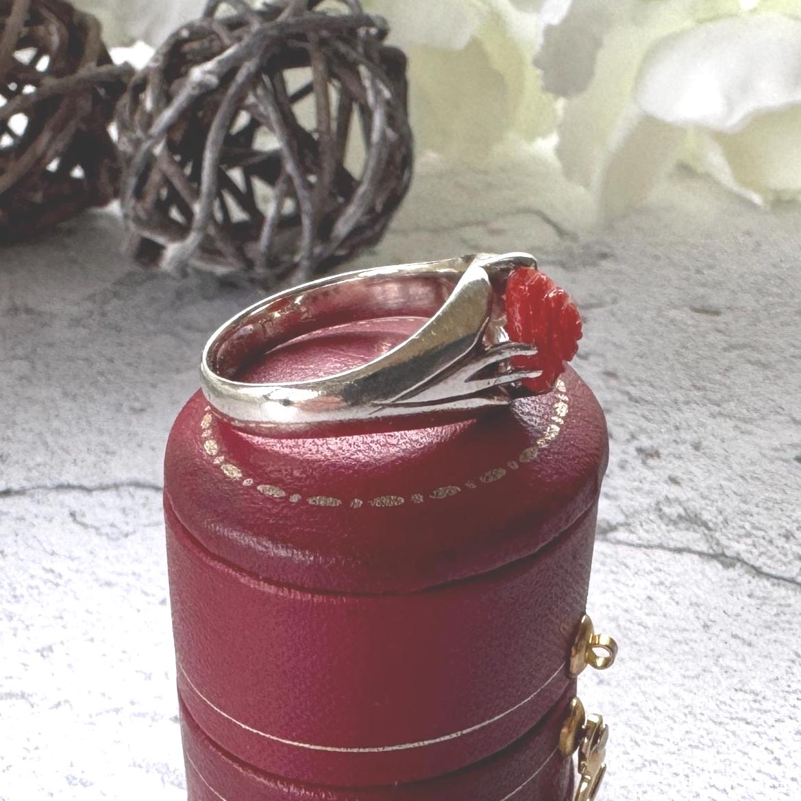 Antique Art Deco Carved Coral Rose Belcher Ring: 1920's Chinese Export, Size N/ 6-3/4