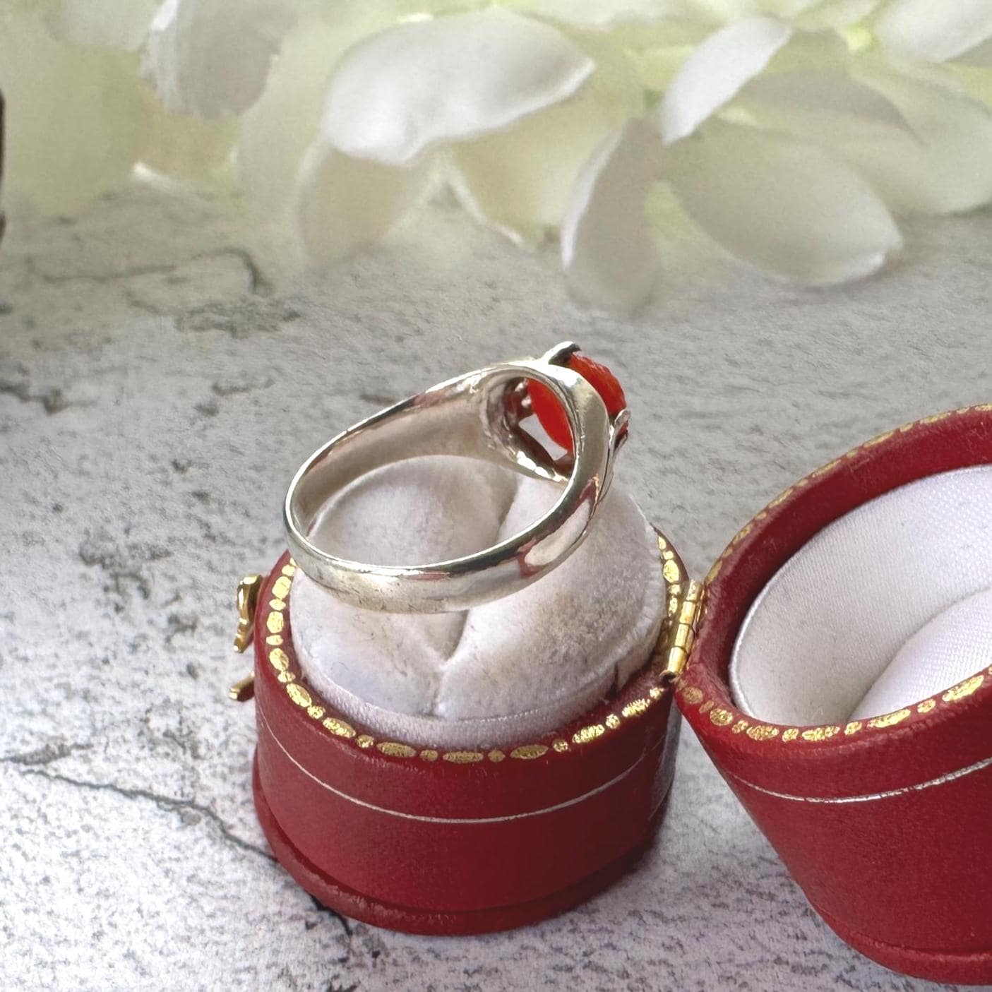 Antique Art Deco Carved Coral Rose Belcher Ring: 1920's Chinese Export, Size N/ 6-3/4