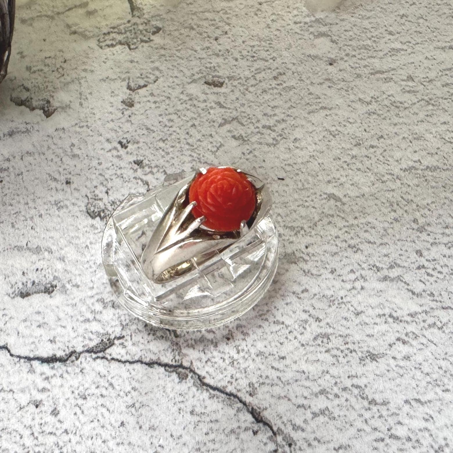 Antique Art Deco Carved Coral Rose Belcher Ring: 1920's Chinese Export, Size N/ 6-3/4