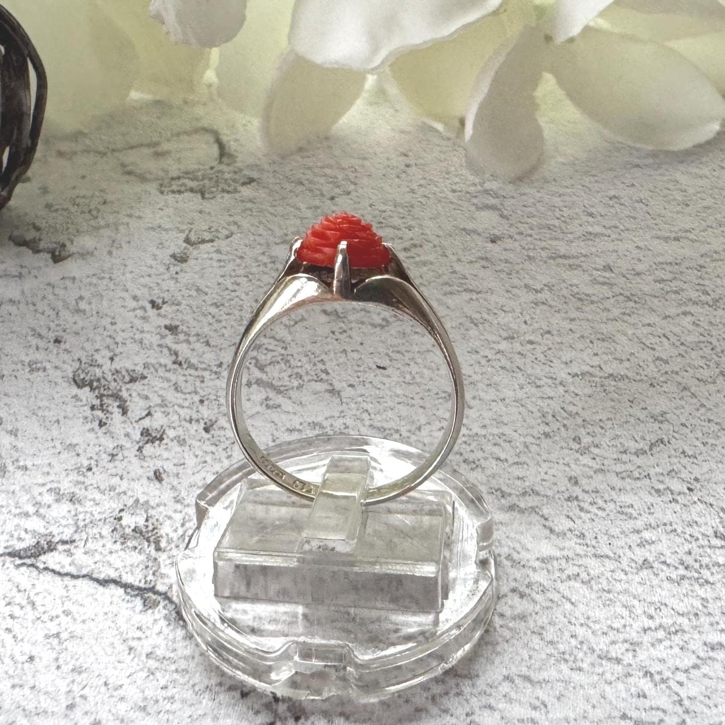 Antique Art Deco Carved Coral Rose Belcher Ring: 1920's Chinese Export, Size N/ 6-3/4