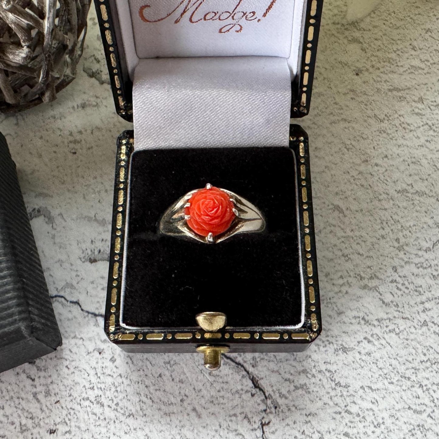 Antique Art Deco Carved Coral Rose Belcher Ring: 1920's Chinese Export, Size N/ 6-3/4