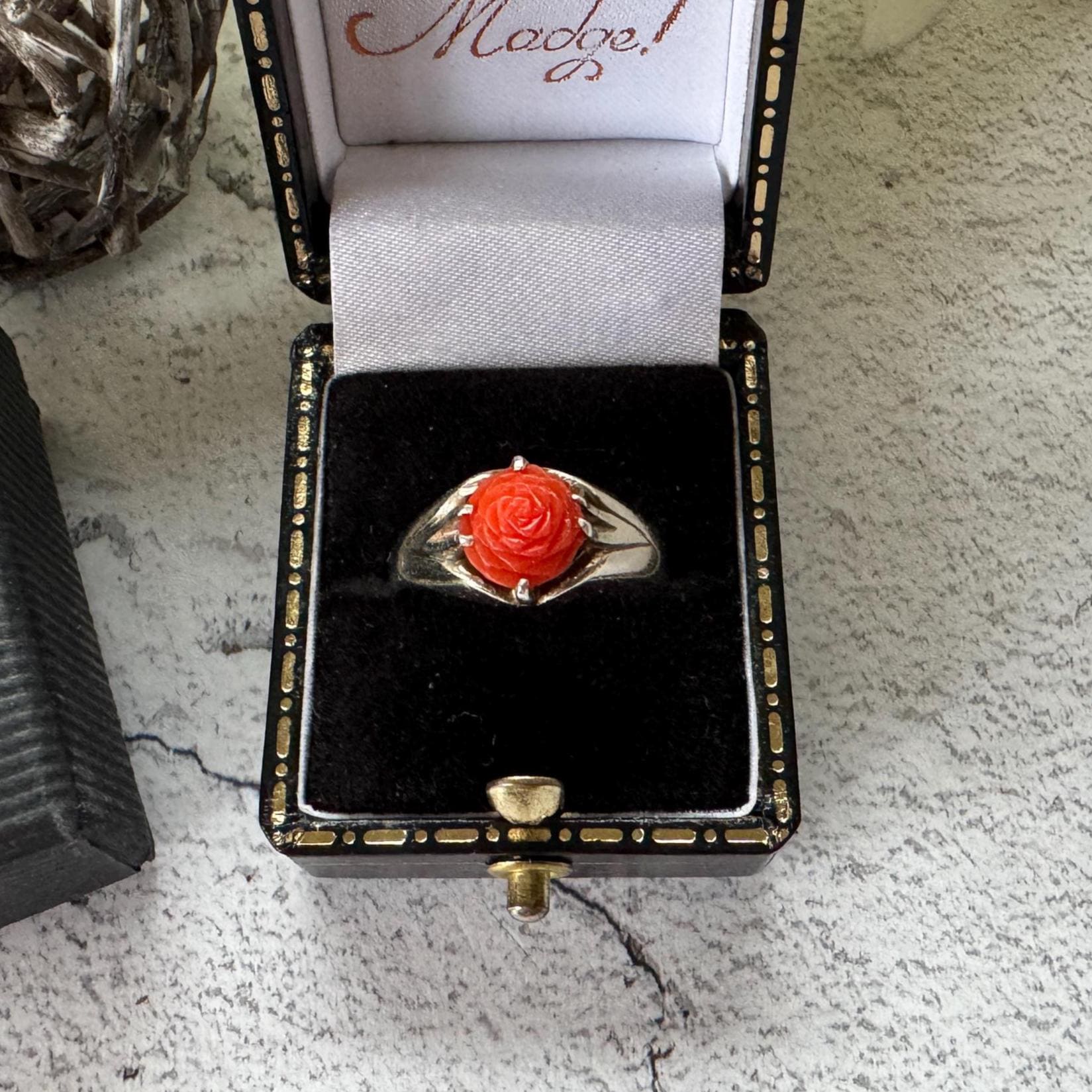 Antique Art Deco Carved Coral Rose Belcher Ring: 1920's Chinese Export, Size N/ 6-3/4