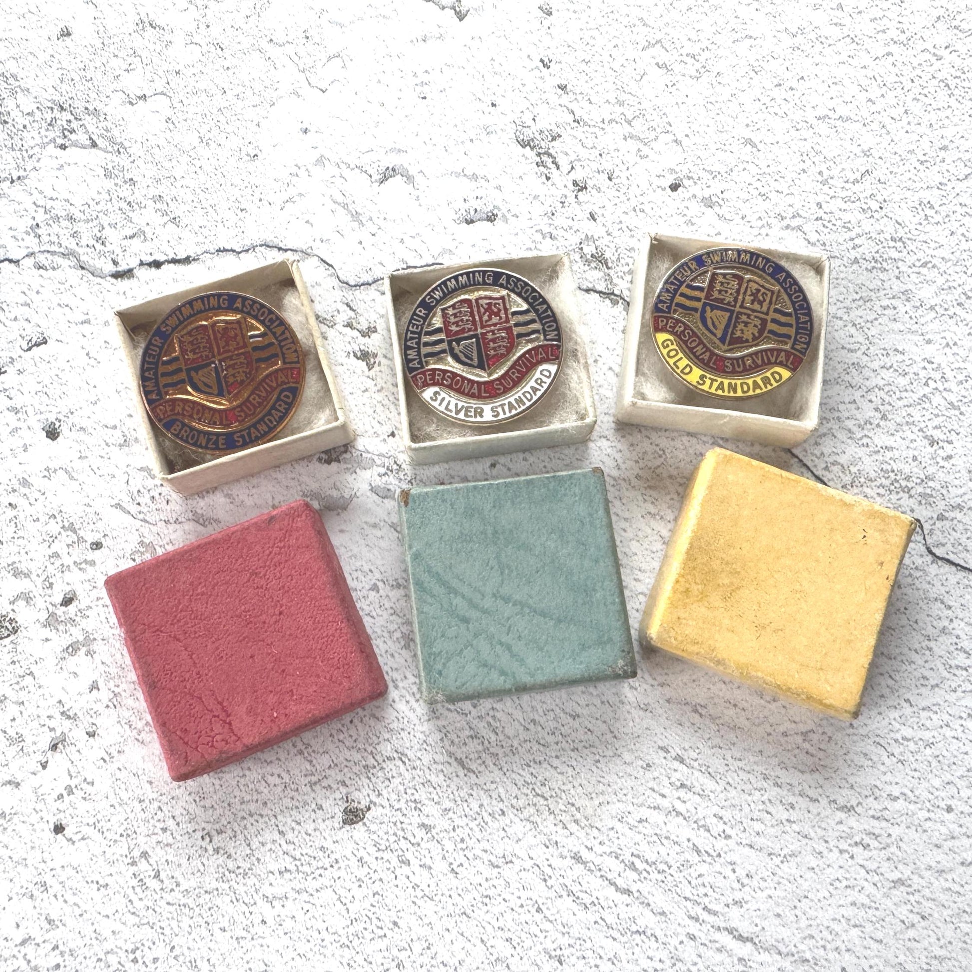 Vintage Amatuer Swimming Association Enamel Badge Set: Gold, Silver, Bronze ASA Awards, Mint, Original Boxes