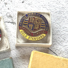 Load image into Gallery viewer, Vintage Amatuer Swimming Association Enamel Badge Set: Gold, Silver, Bronze ASA Awards, Mint, Original Boxes
