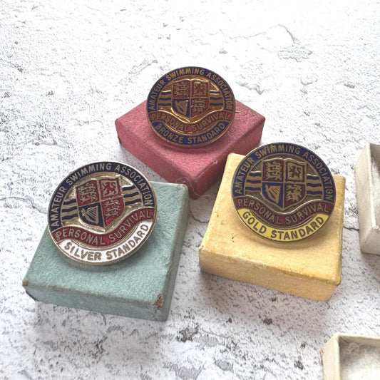 Vintage Amatuer Swimming Association Enamel Badge Set: Gold, Silver, Bronze ASA Awards, Mint, Original Boxes