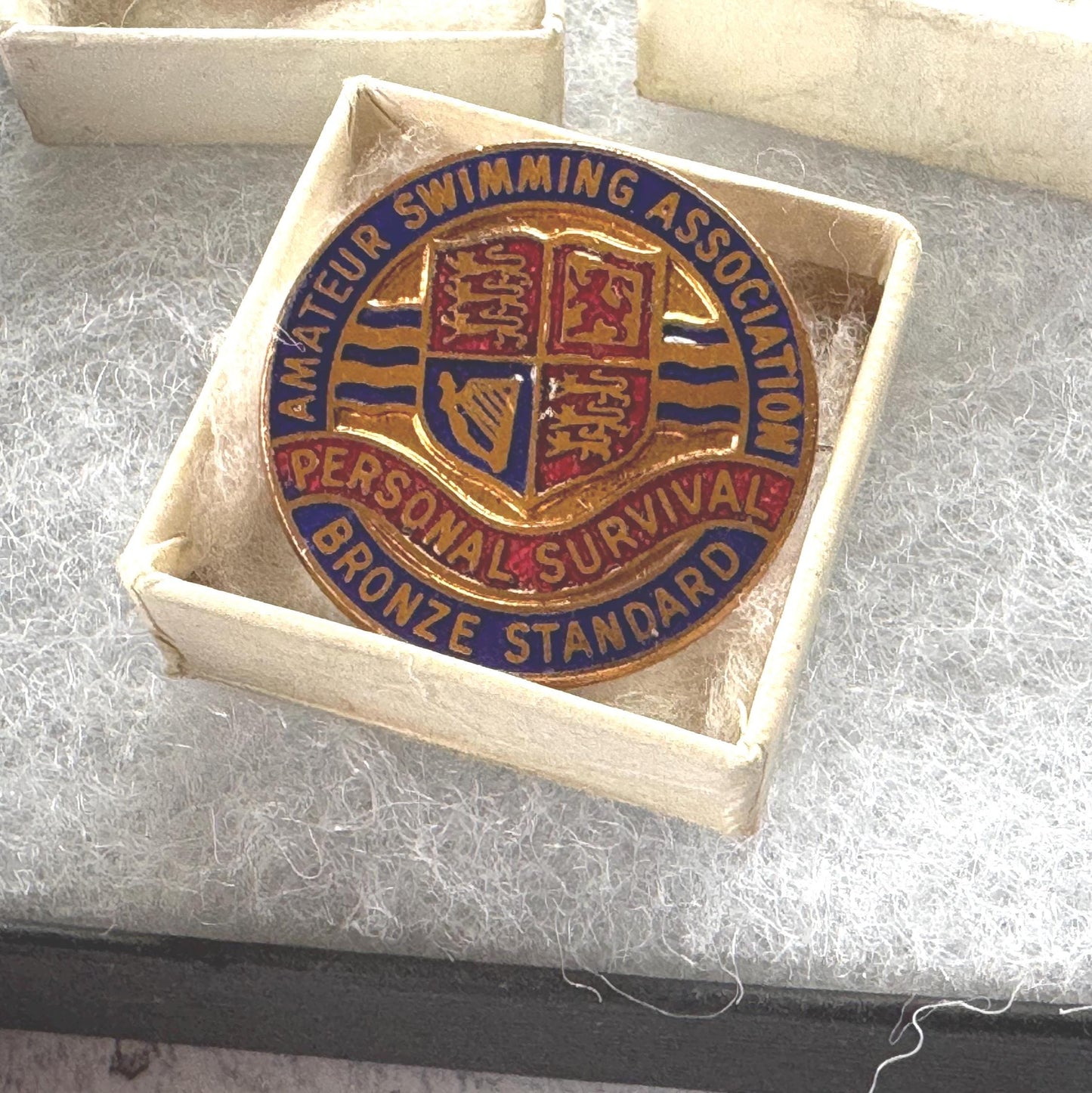 Vintage Amatuer Swimming Association Enamel Badge Set: Gold, Silver, Bronze ASA Awards, Mint, Original Boxes