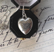 Load image into Gallery viewer, Antique Victorian Engraved Swallow Heart Pendant Necklace: Sterling Silver Love Token
