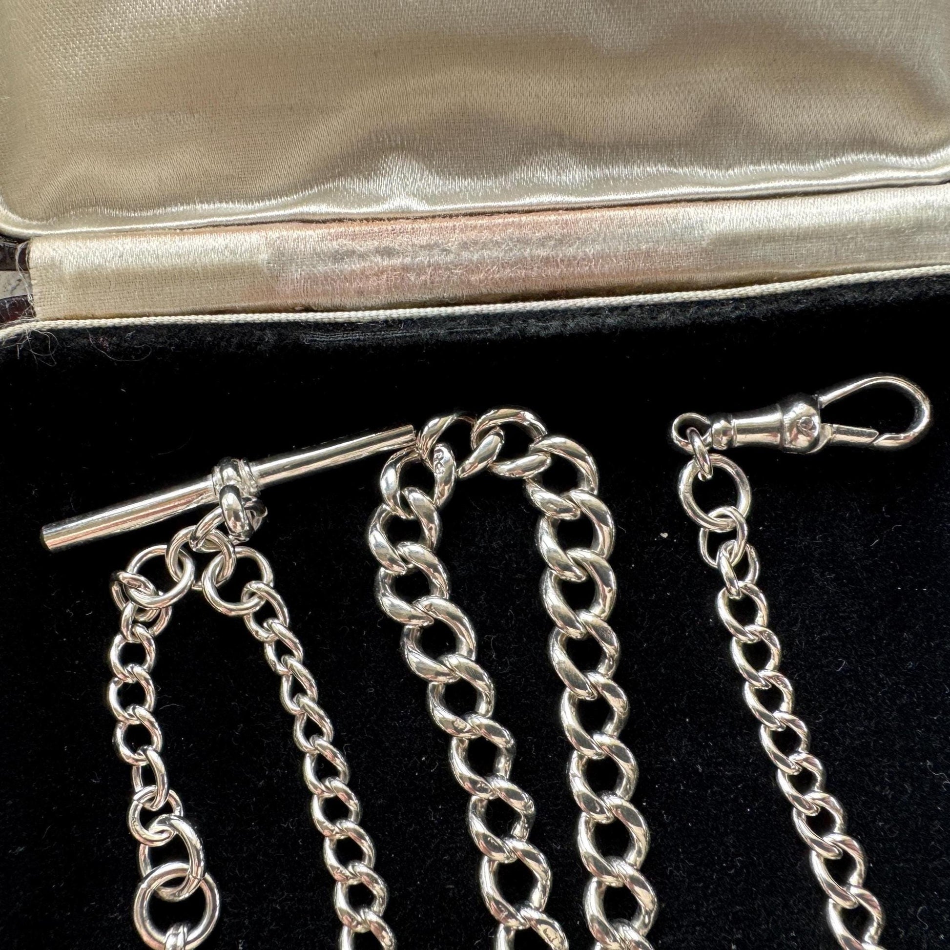 Antique Sterling Silver Albert Watch Chain: T-Bar Fob & Clip, 1921. Art Deco Bracelet/Necklace