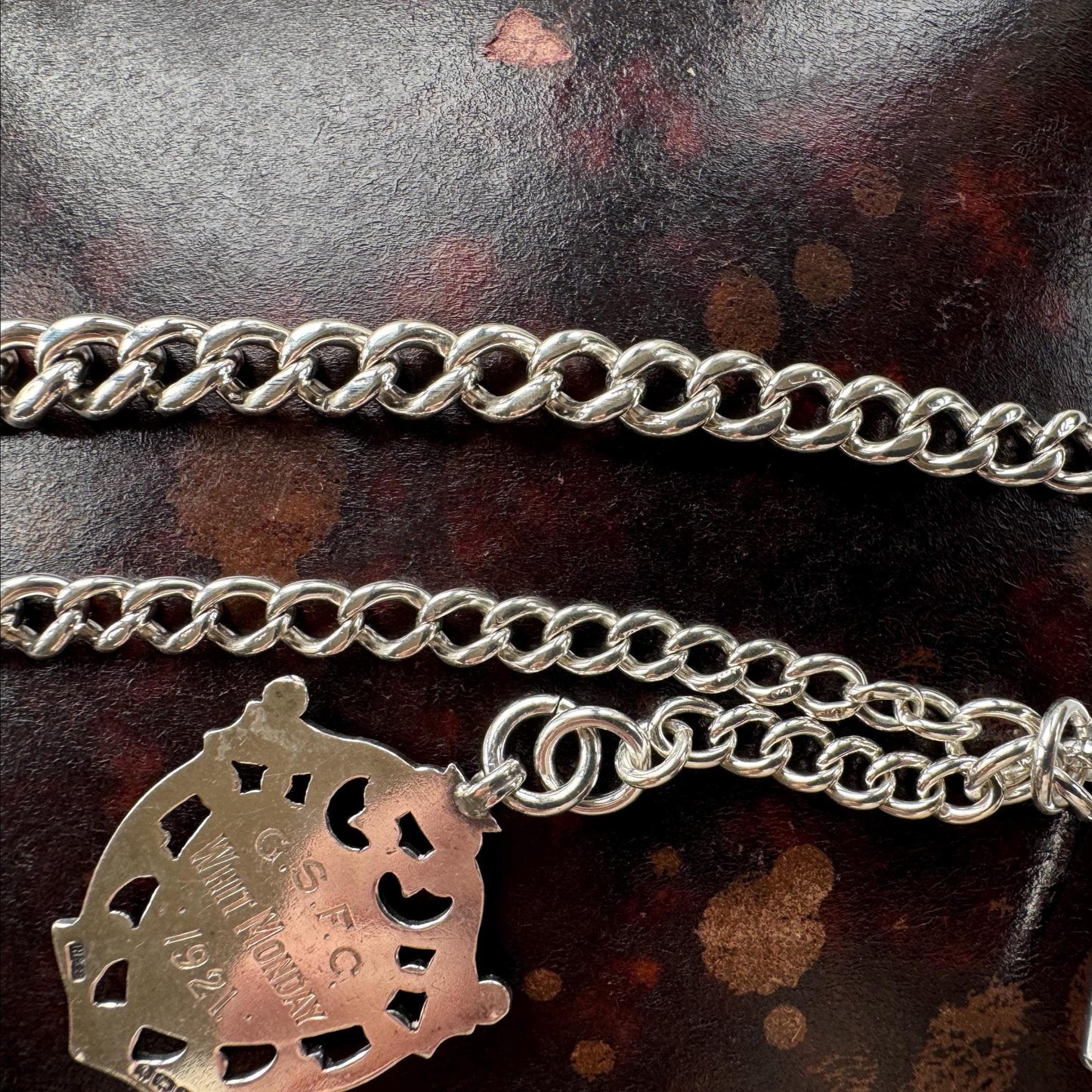 Antique Sterling Silver Albert Watch Chain: T-Bar Fob & Clip, 1921. Art Deco Bracelet/Necklace