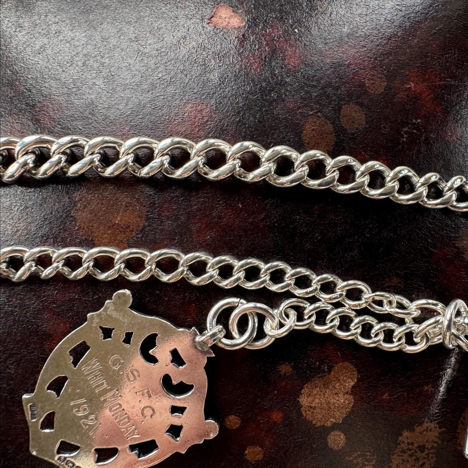 Antique Sterling Silver Albert Watch Chain: T-Bar Fob & Clip, 1921. Art Deco Bracelet/Necklace