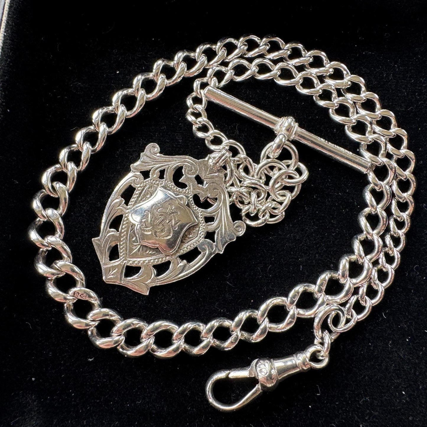 Antique Sterling Silver Albert Watch Chain: T-Bar Fob & Clip, 1921. Art Deco Bracelet/Necklace