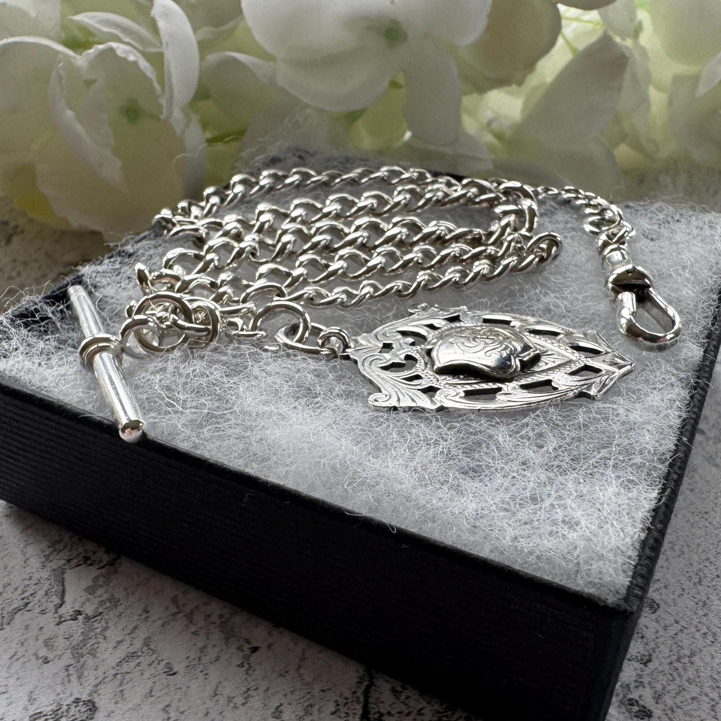 Antique Sterling Silver Albert Watch Chain: T-Bar Fob & Clip, 1921. Art Deco Bracelet/Necklace