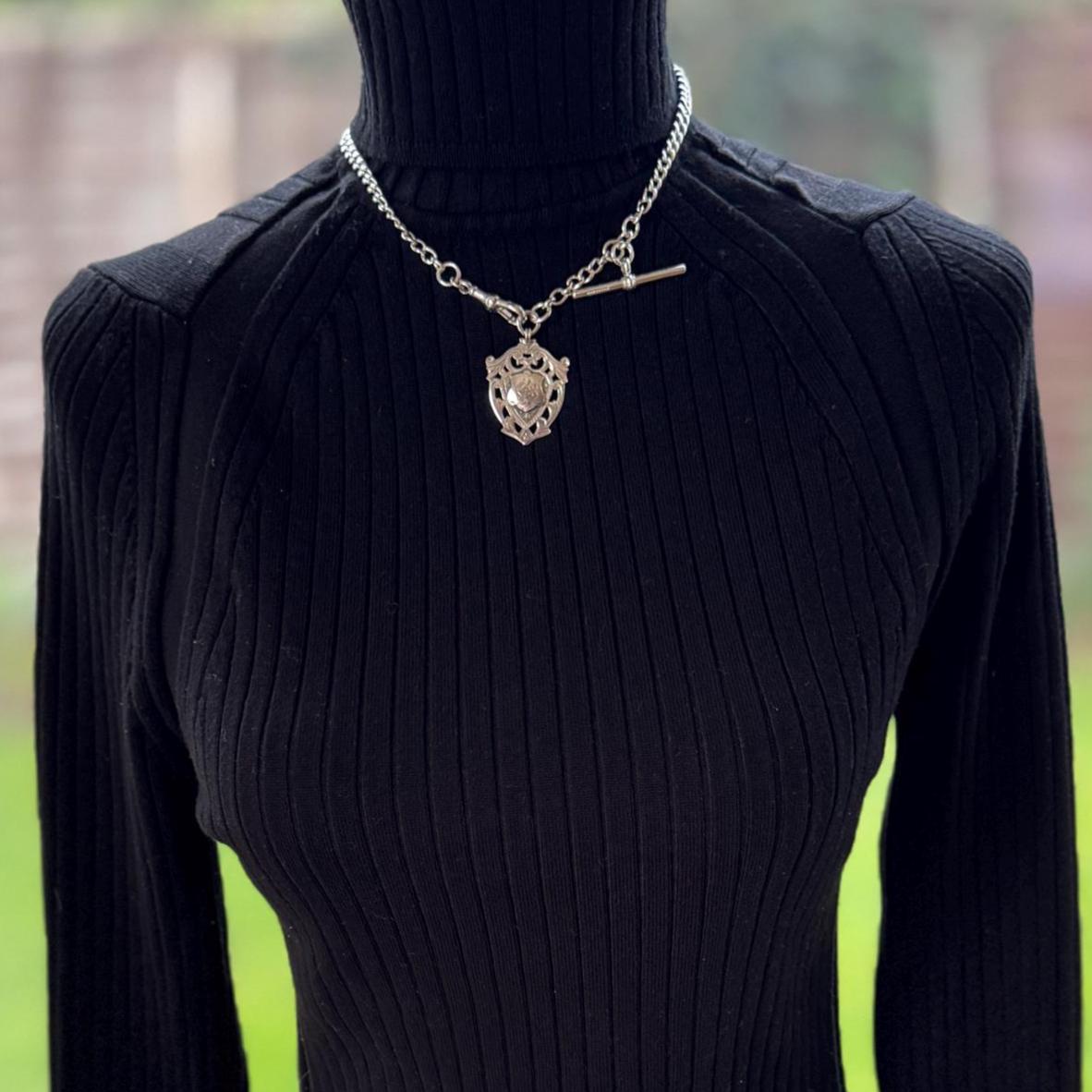 Antique Sterling Silver Albert Watch Chain: T-Bar Fob & Clip, 1921. Art Deco Bracelet/Necklace
