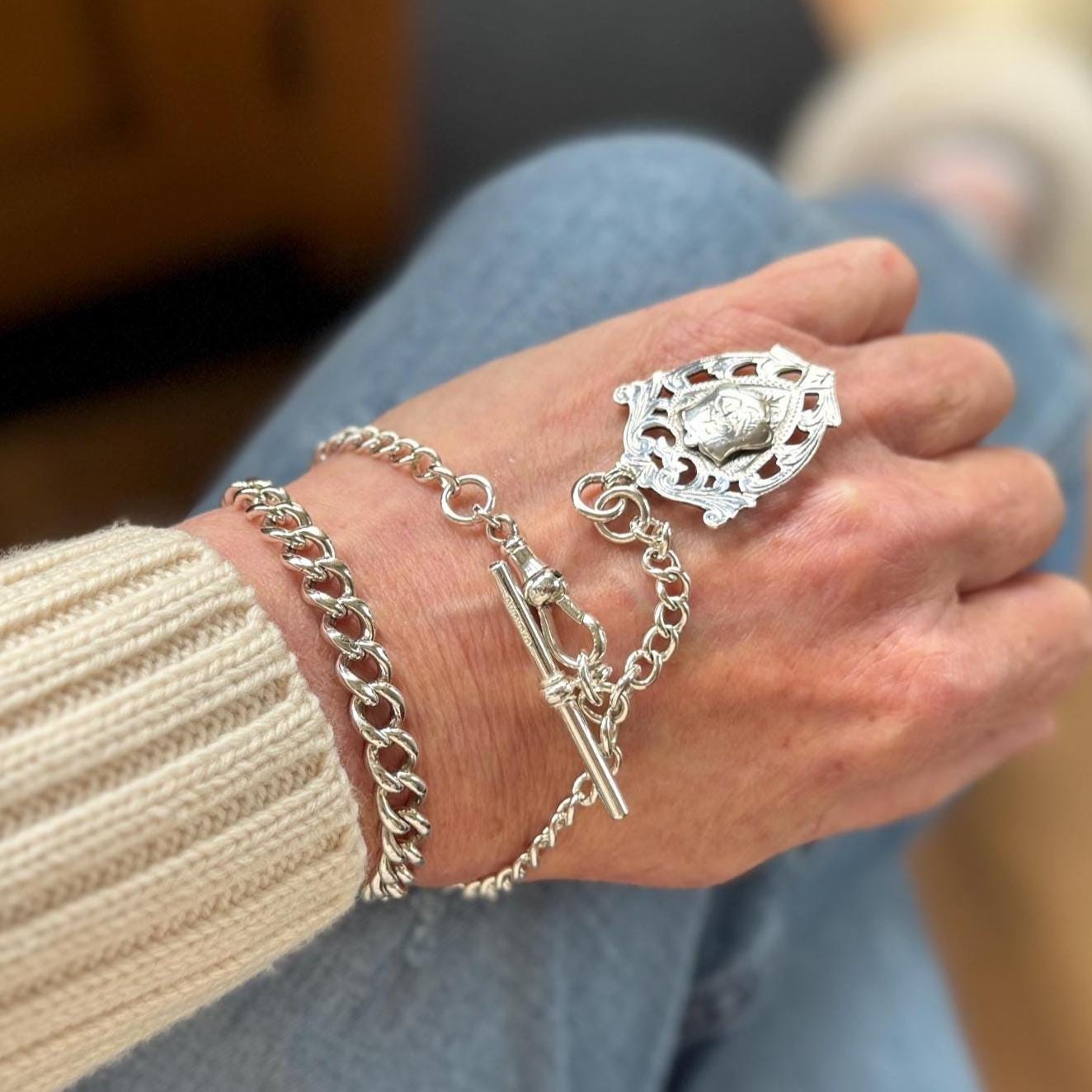 Antique Sterling Silver Albert Watch Chain: T-Bar Fob & Clip, 1921. Art Deco Bracelet/Necklace