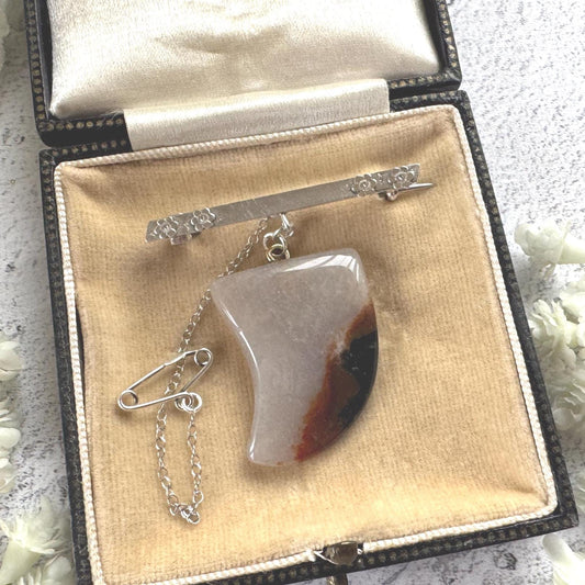 Victorian Carved Scottish Agate Claw Pendant Drop Brooch: Antique Scottish Pebble Sterling Silver Jewellery