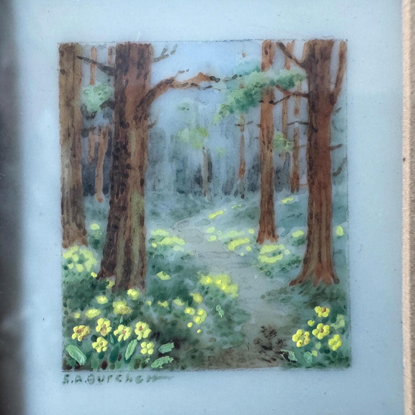 Antique French Gilt Minature Landscape Painting In Original Moseley Ware Fitted Cabinet Case