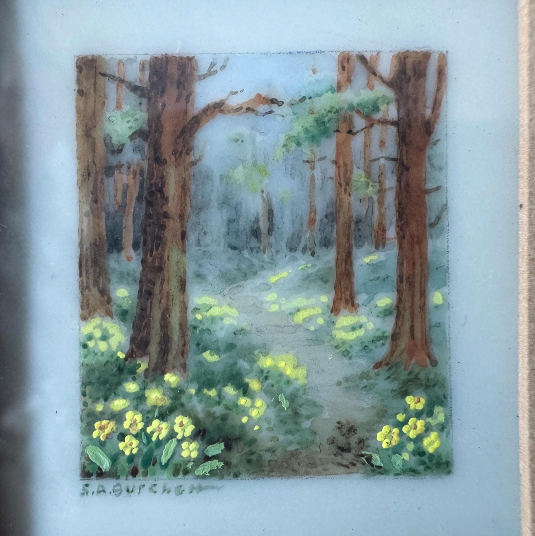 Antique French Gilt Minature Landscape Painting In Original Moseley Ware Fitted Cabinet Case