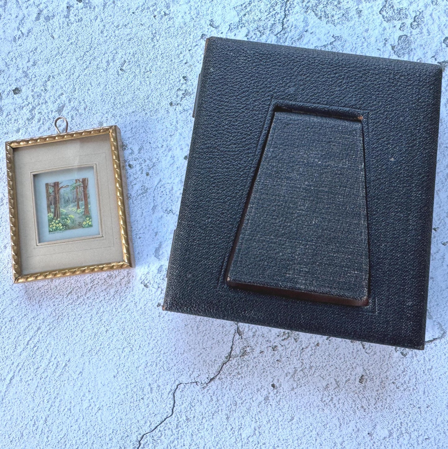 Antique French Gilt Minature Landscape Painting In Original Moseley Ware Fitted Cabinet Case