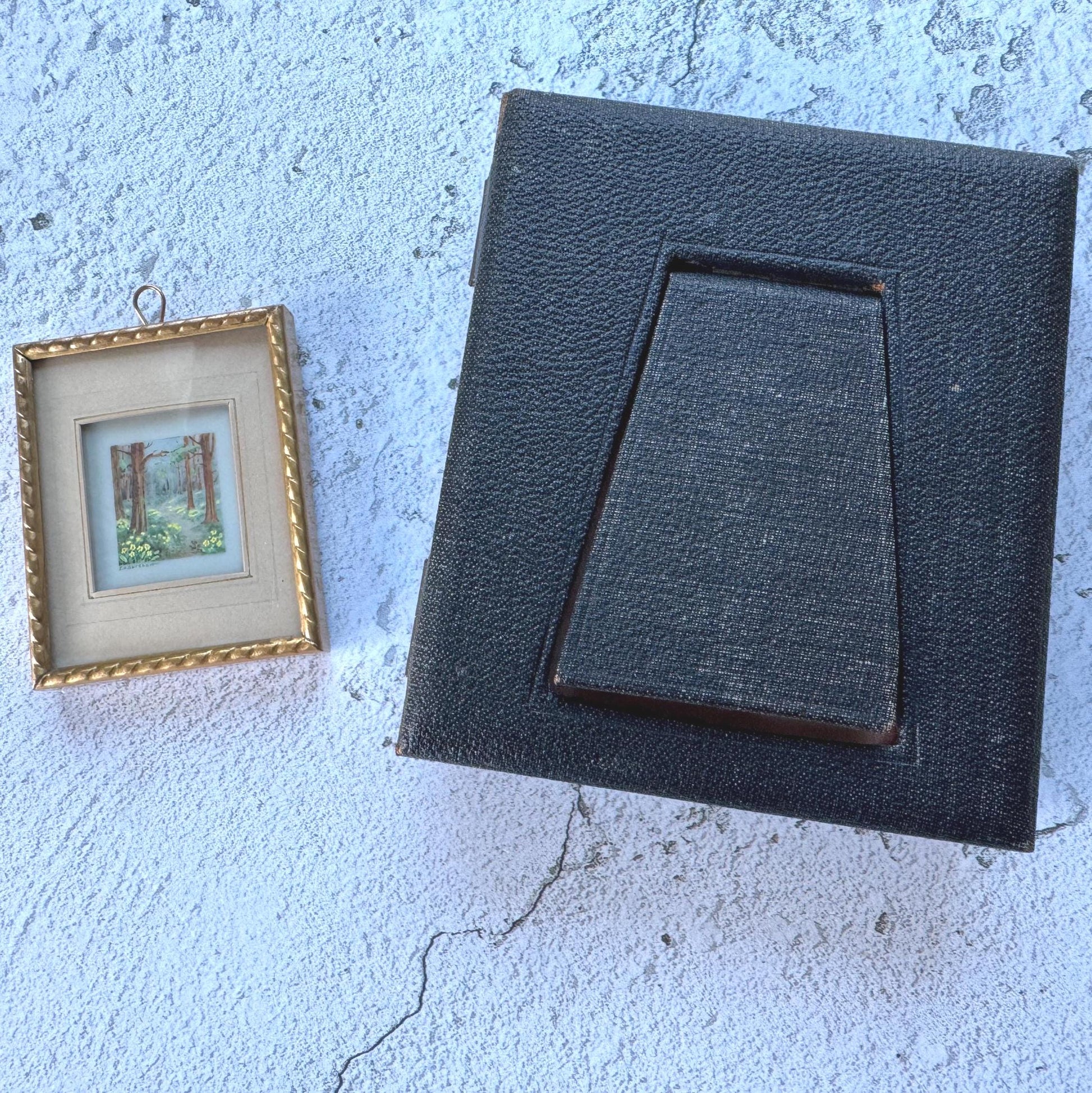 Antique French Gilt Minature Landscape Painting In Original Moseley Ware Fitted Cabinet Case
