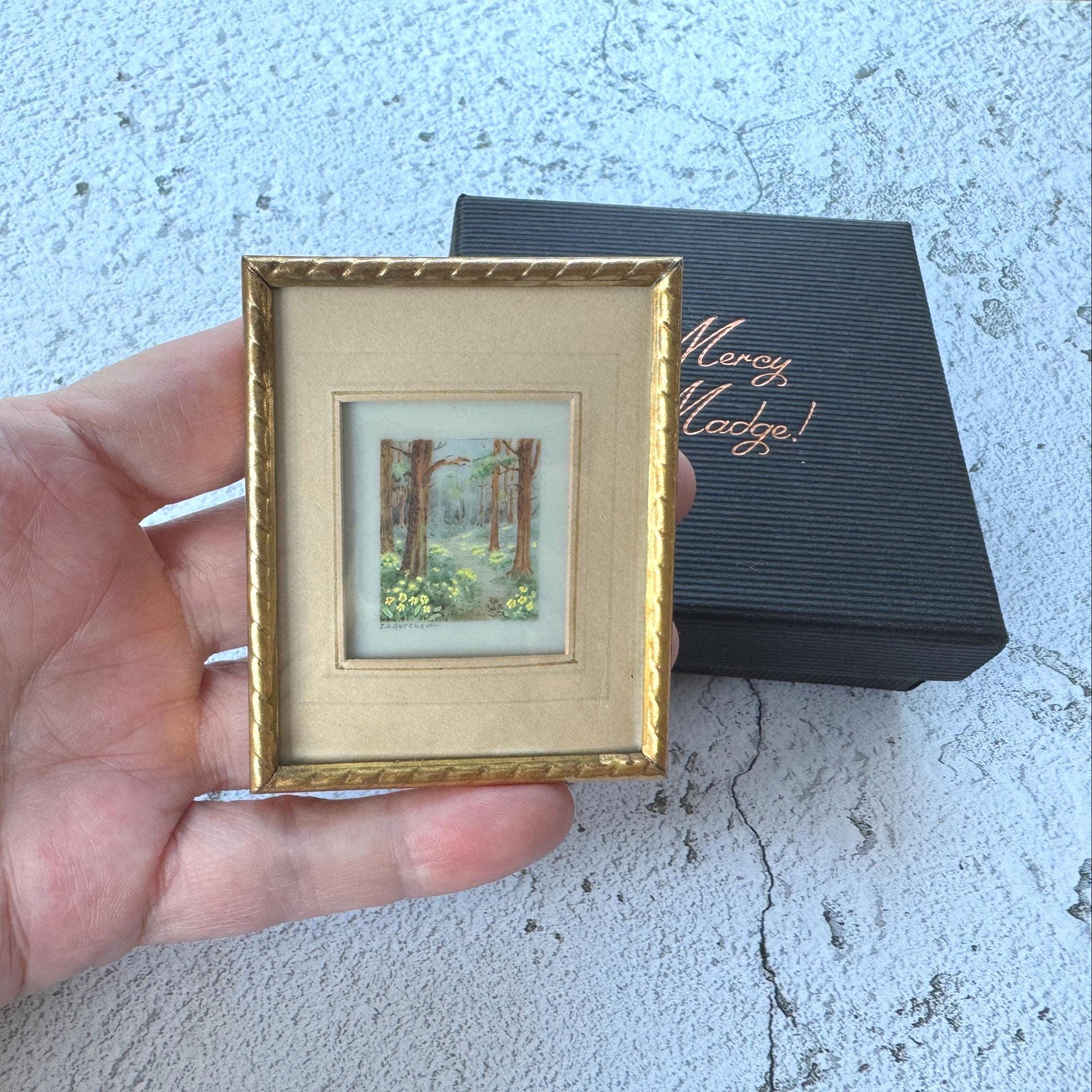 Antique French Gilt Minature Landscape Painting In Original Moseley Ware Fitted Cabinet Case