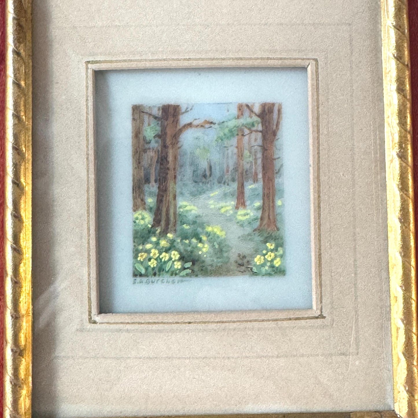 Antique French Gilt Minature Landscape Painting In Original Moseley Ware Fitted Cabinet Case