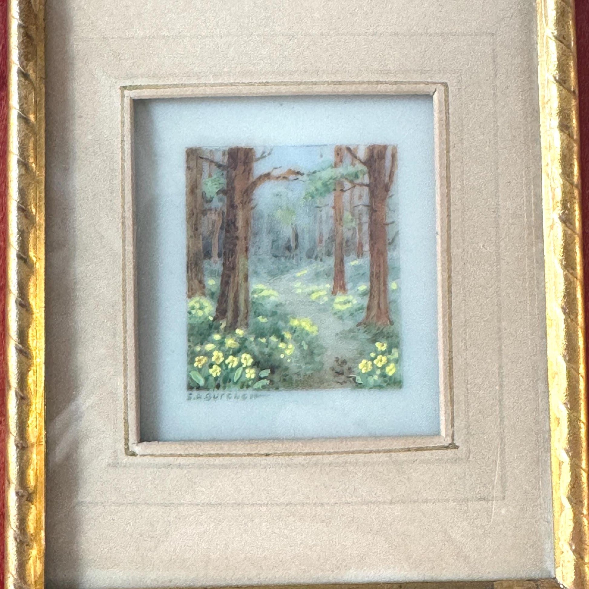 Antique French Gilt Minature Landscape Painting In Original Moseley Ware Fitted Cabinet Case
