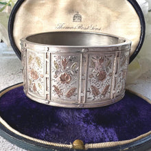 Load image into Gallery viewer, Antique Victorian Aesthetic Engraved Sterling Silver Bangle: 9ct Gold Roses &amp; Leaves
