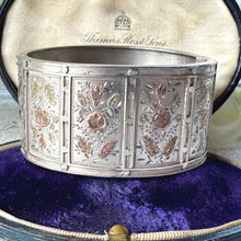 Load image into Gallery viewer, Antique Victorian Aesthetic Engraved Sterling Silver Bangle: 9ct Gold Roses &amp; Leaves
