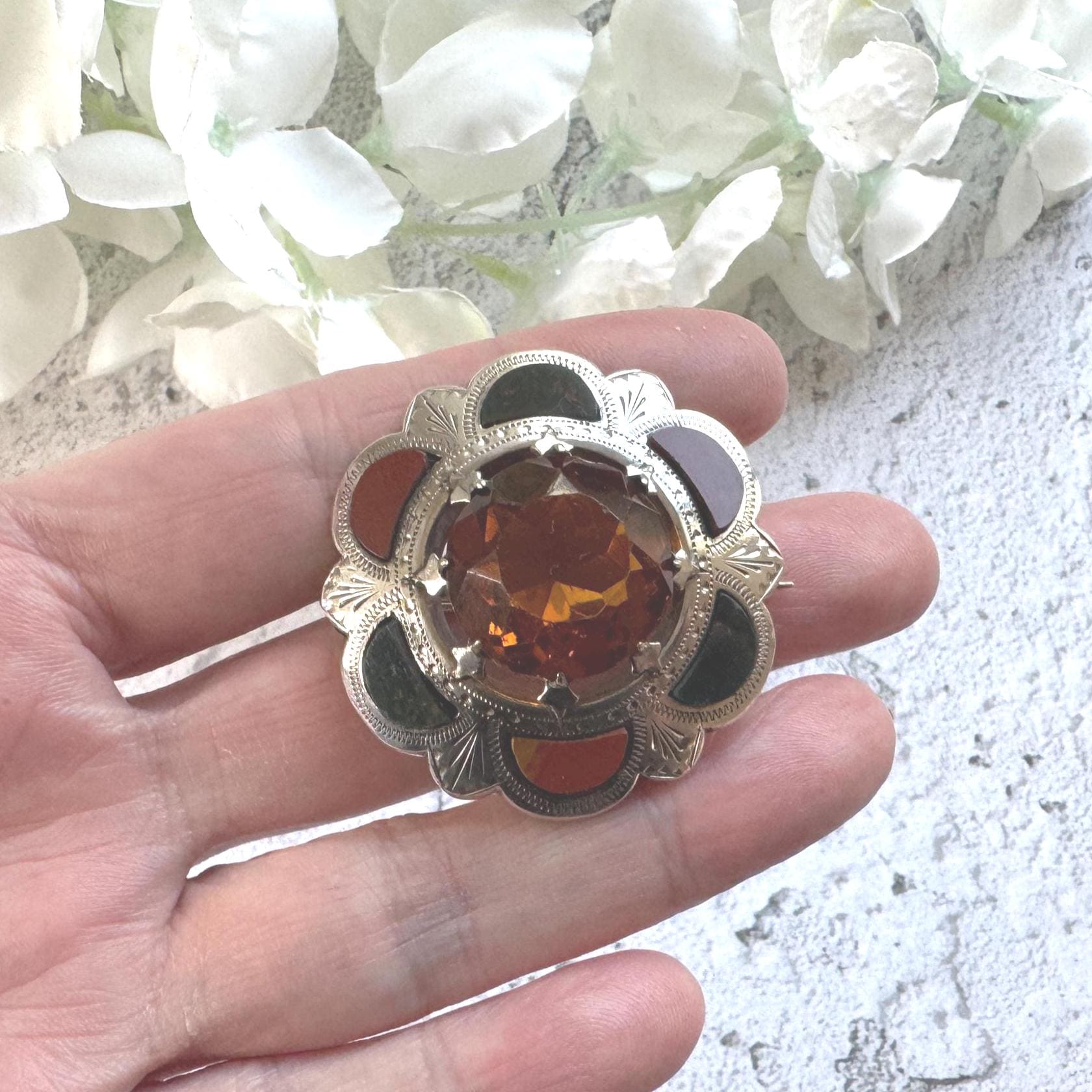 Victorian Scottish Agate & Citrine Brooch: Antique Engraved Sterling Silver Cairngorm Lapel Pin
