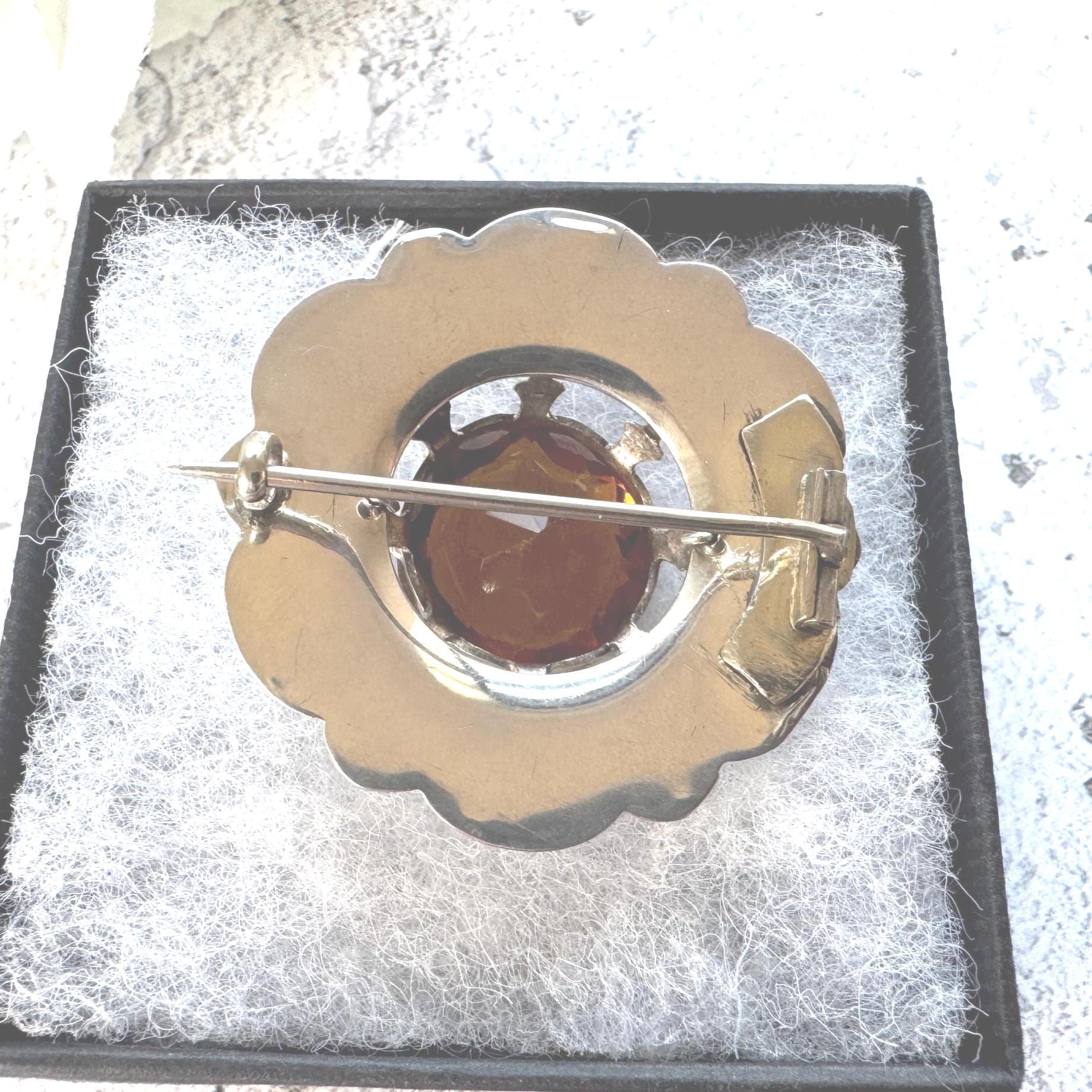 Victorian Scottish Agate & Citrine Brooch: Antique Engraved Sterling Silver Cairngorm Lapel Pin