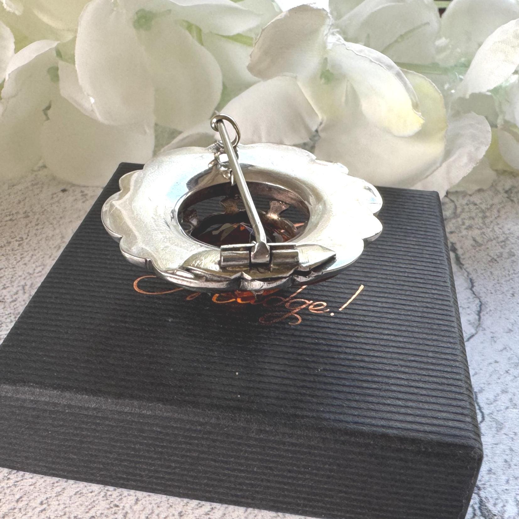 Victorian Scottish Agate & Citrine Brooch: Antique Engraved Sterling Silver Cairngorm Lapel Pin