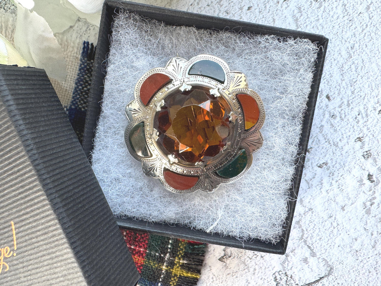 Victorian Scottish Agate & Citrine Brooch: Antique Engraved Sterling Silver Cairngorm Lapel Pin