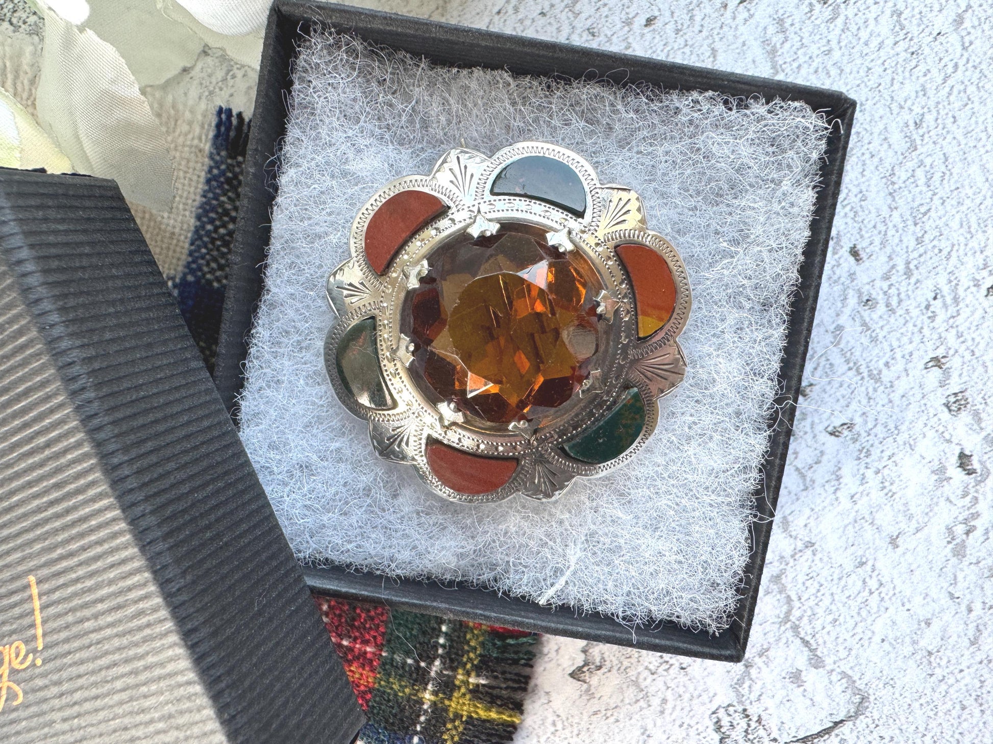 Victorian Scottish Agate & Citrine Brooch: Antique Engraved Sterling Silver Cairngorm Lapel Pin