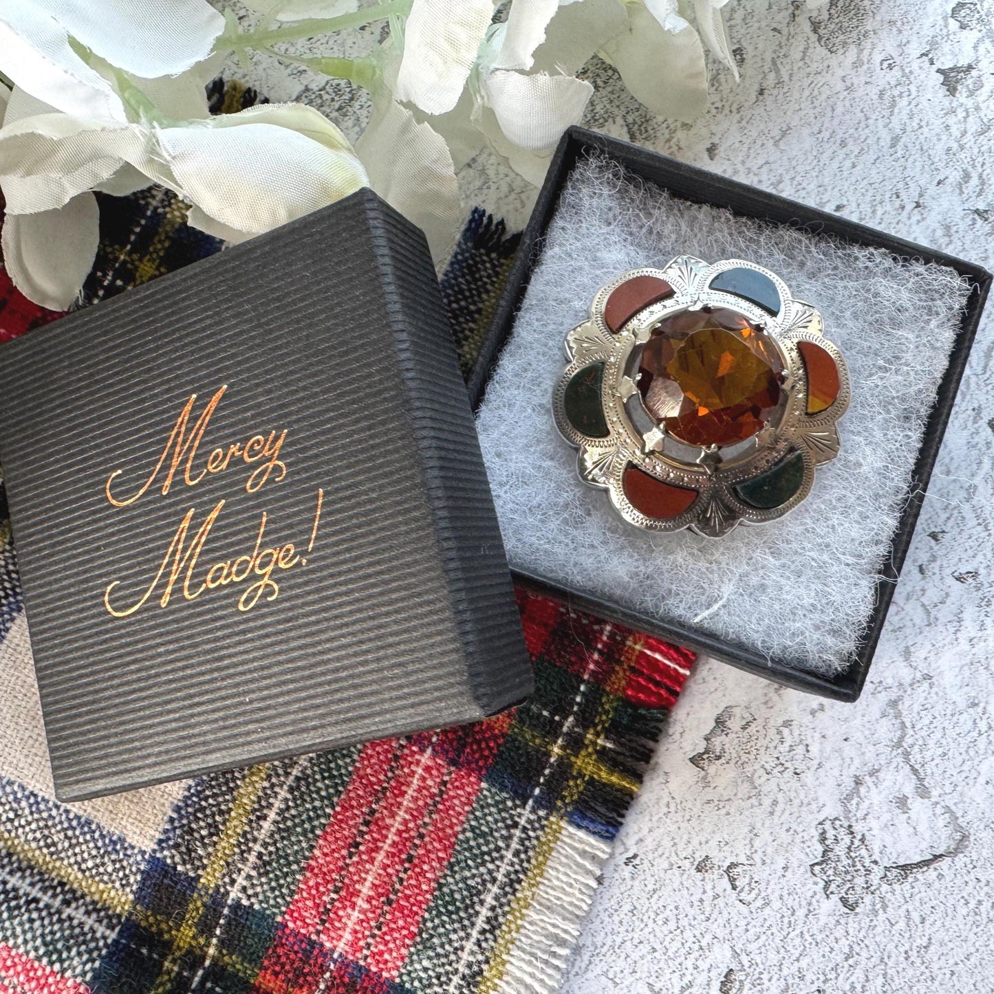 Victorian Scottish Agate & Citrine Brooch: Antique Engraved Sterling Silver Cairngorm Lapel Pin