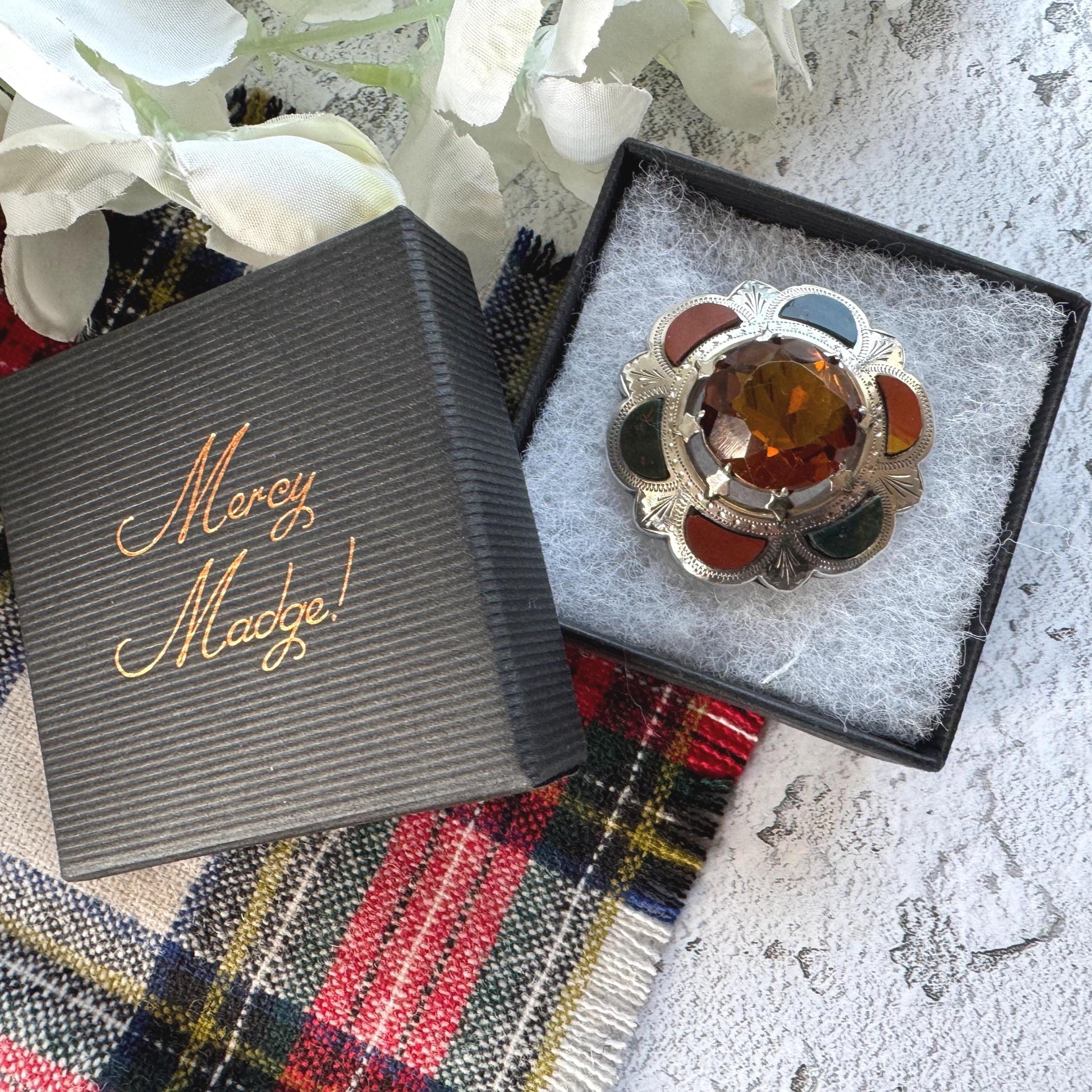 Victorian Scottish Agate & Citrine Brooch: Antique Engraved Sterling Silver Cairngorm Lapel Pin