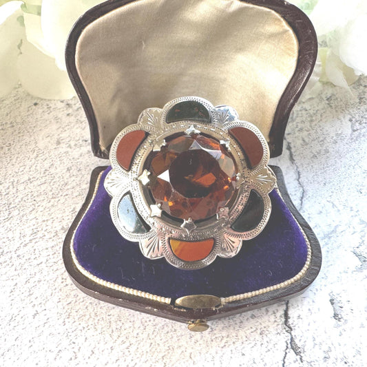 Victorian Scottish Agate & Citrine Brooch: Antique Engraved Sterling Silver Cairngorm Lapel Pin